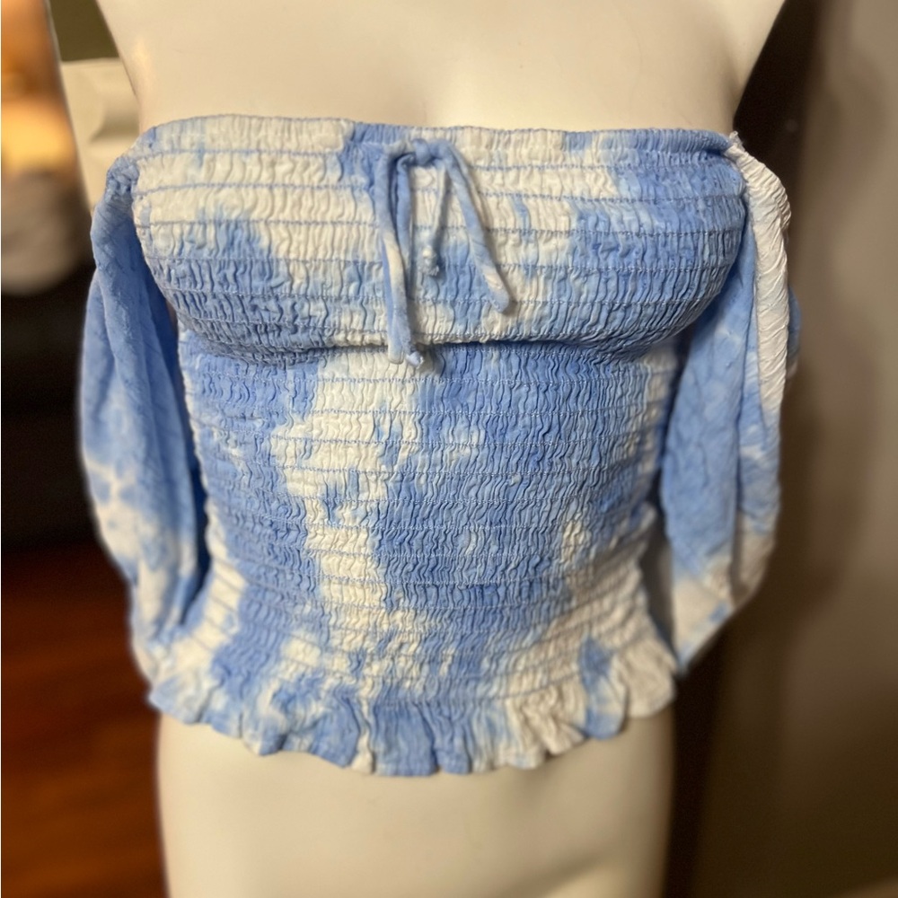 Emory Park NWT tube top top on/off shoulder sleeves blue/white elastic,stretch L - Picture 5 of 16